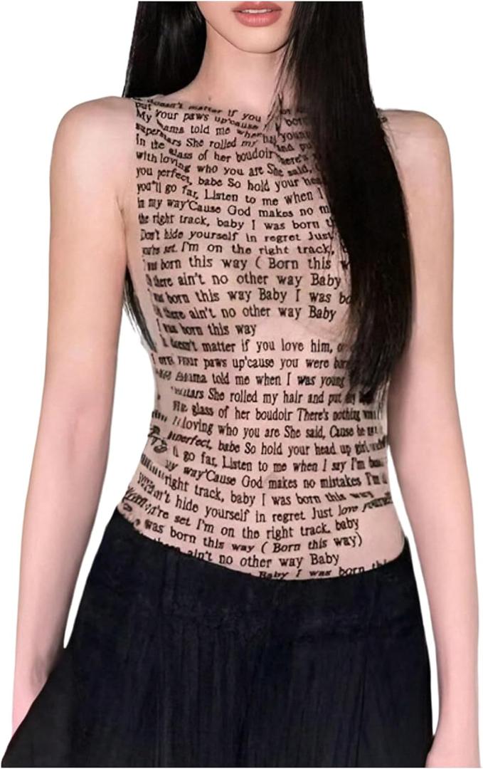 WDIRARA Women's Letter Graphic Sheer Tank Top Sleeveless See Through Fitted Tops, (Large)