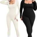 Vigorics Yoga Tummy Control Bodysuit Workout Long Sleeve Jumpsuit Exercise Shapewear Bodycon Sport Romper Beige M