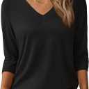 3/4 Length Sleeve Womens Tops V Neck Casual Tunic Loose Fit Basic Shirts Trendy Tops for Women 2026 (X-Large, Black)