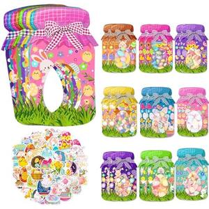 KnvsS Happy Easter Candy Cards Mason Jar Greeting Cards Bulk Easter Gift Exchange Candy Holder Cards Kit with 50pcs Easter Themed Stickers (Easter Pink 36pcs)