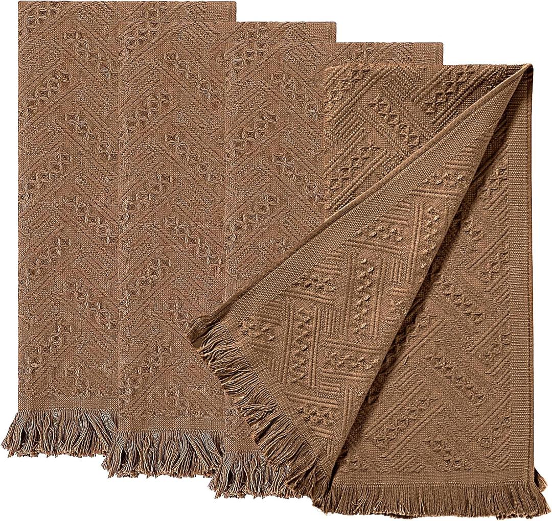 4-Pack Brown Luxury Decorative Bathroom Hand Towels 13"x29.1" Boho Bath Hand Towels Set with Jacquard Weave & Fringe, Cotton Absorbent Soft Face Towels for Kitchen/Bathroom/Farmhouse