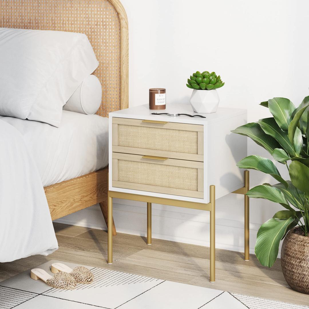 Andrew End, Bedside or Side Table in Matte White Finish with Two Natural Rattan Drawers Doors for Storage and Brass Gold Accents for Living Room or Bedroom, White/Cane/Gold, Set of 2