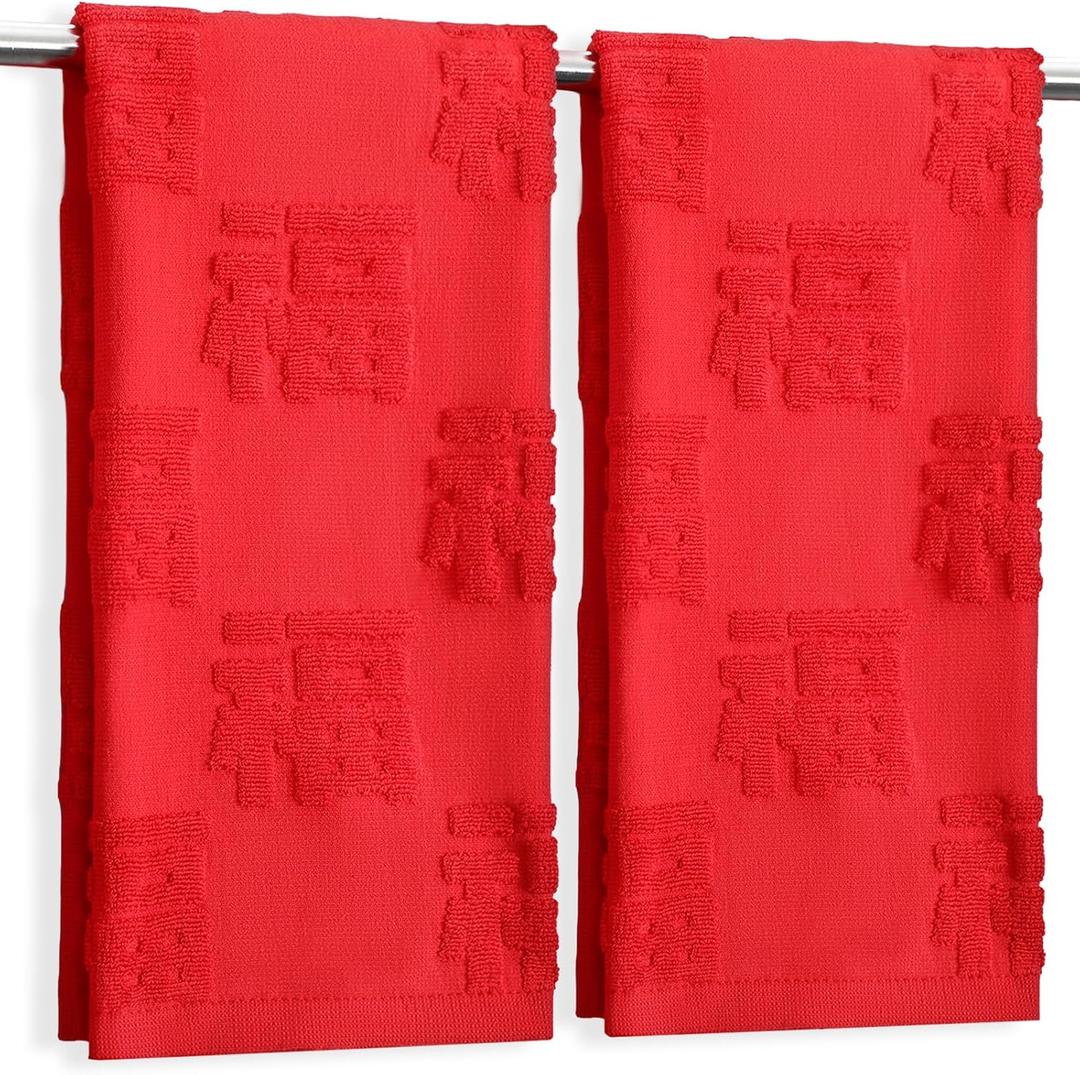 Tegeme 2 Pack Chinese New Year Hand Towels Full Embossed ''Fu'' 100% Cotton Soft and Absorbent Kitchen Hand Towels Holiday Decor for Cooking Cleaning Drying Gym Bathroom Hotel Spa, 13.7'' x 29.5''