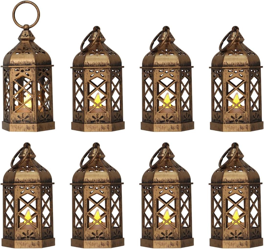 LLQ Mini Lantern for Centerpieces, (8Pack-5Inch) Vintage Lanterns Decorative, Small Hanging Lantern for Halloween Decorations, Christmas Centerpieces for Tables, Wedding Garden Party Decorations (Brushed Bronze)