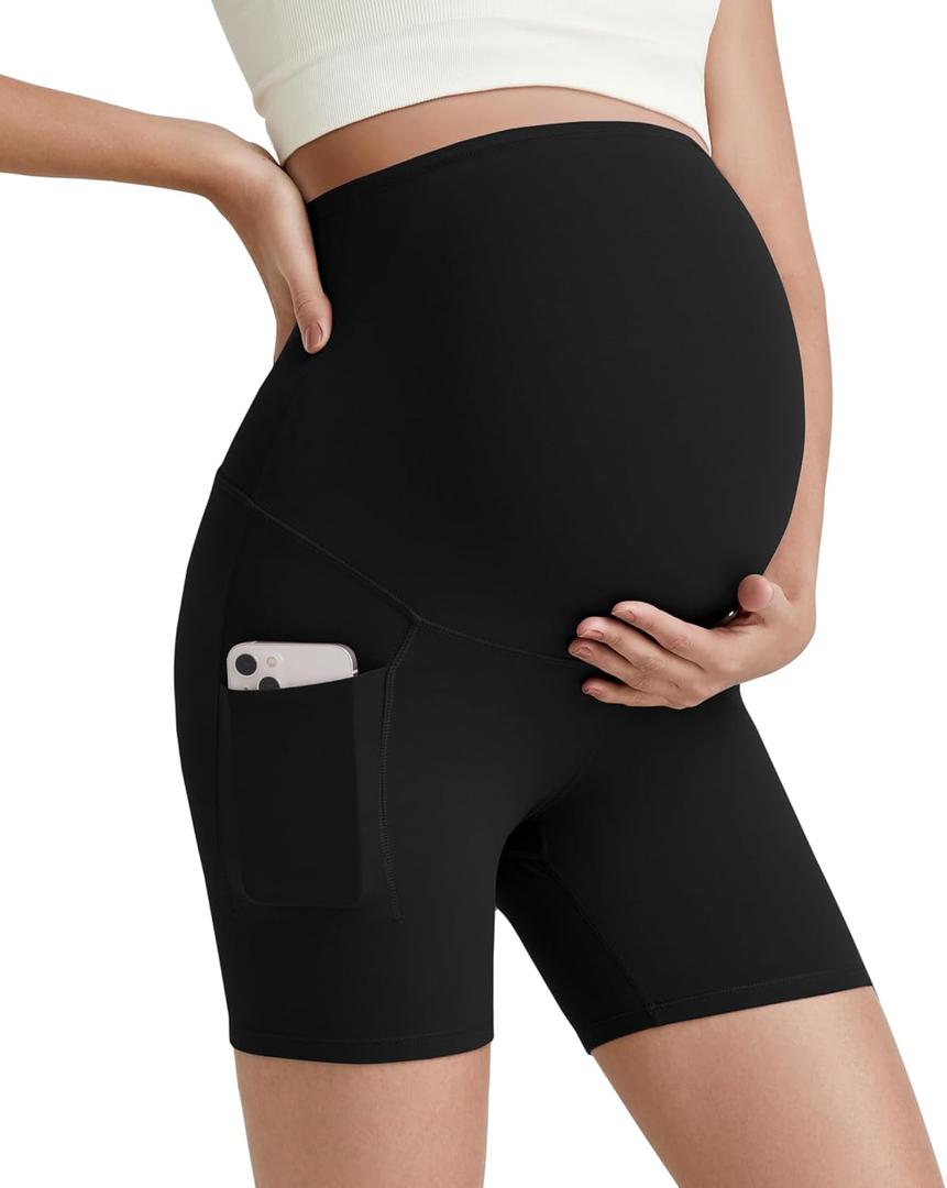 G4Free Barefeel Maternity Biker Shorts with Pockets Over The Belly Legging 5" Pregnancy Yoga Pants Athletic Workout (X-Large, Black)