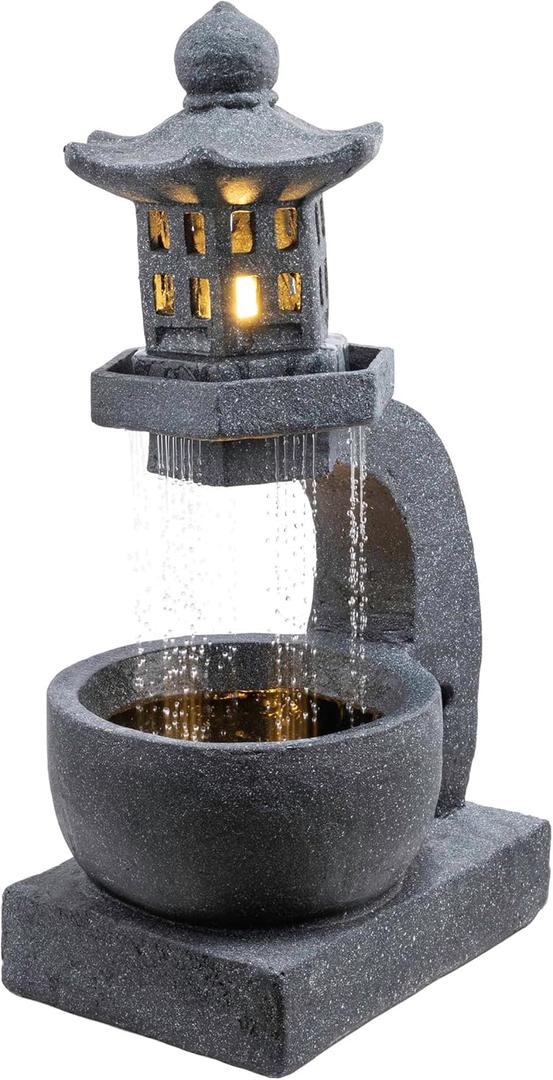 Alpine Corporation DIG370 31" Outdoor Zen Pagoda Water Fountain with LED Lights & Illuminated Stone Bowl  Tranquil Garden Water Feature for Relaxation and Ambiance, Gray