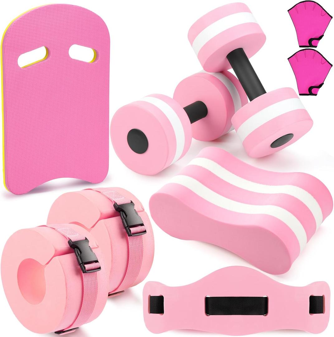 8 Pcs Water Aerobics Set Including Exercise Foam Dumbbells Aquatic Swim Belt Pull Buoy Swim Kickboard Sport Gloves Water Weights Equipment for Aquatic Fitness Weight Loss Fitness Tool (Pink)