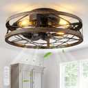 AKOFUN 20" Cage Ceiling Fan with Light and Remote, Low Profile Flush Mount Fan, 6 Speed Reversible DC Motor, 1/2/4/8/12H Timer, Bladeless Fandelier Rustic Farmhouse Light for Bedroom Living Room Patio