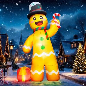 12FT Giant Christmas Inflatables Gingerbread Man Built-in Bright LED Light, Huge Christmas Decorations Outdoor Hold Candy Cane & Gift Large Christmas Blow Up Yard Decoration for Xmas Holiday Party