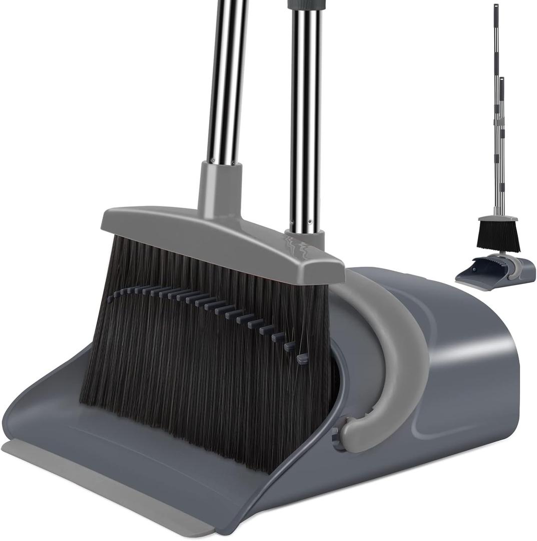 Ivandar Broom and Dustpan Set, Dust pan with Long Handle, Broom with Dustpan Combo Set, Broom and Dustpan for Home, Indoor or Outdoor Cleaning Tool (Deep Gray&Light Gray)