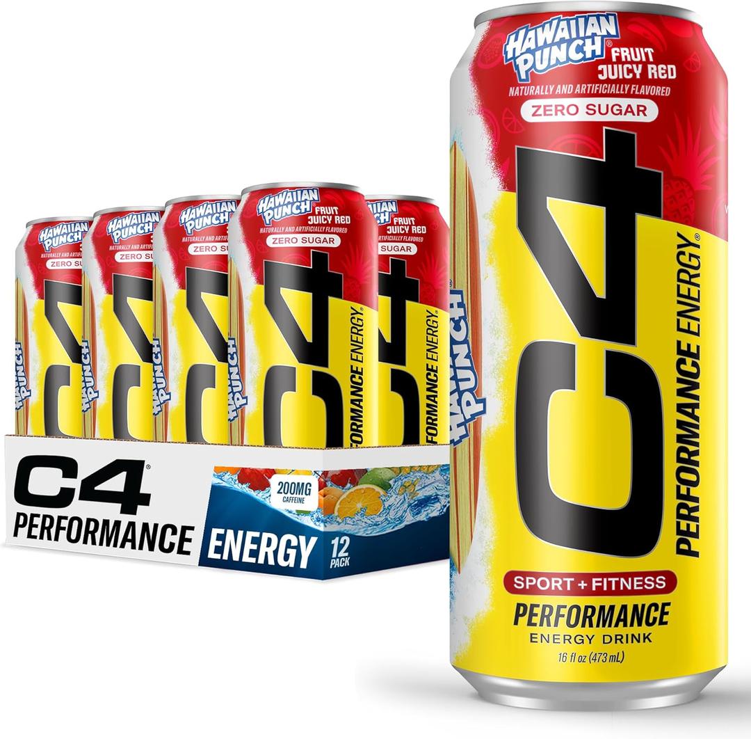 C4 Energy Drink, Hawaiian Punch Fruit Juicy Red, Carbonated Sugar Free Pre Workout Performance Drink with no Artificial Colors or Dyes, 16oz Pack of 12 (EXP 04/01/27)