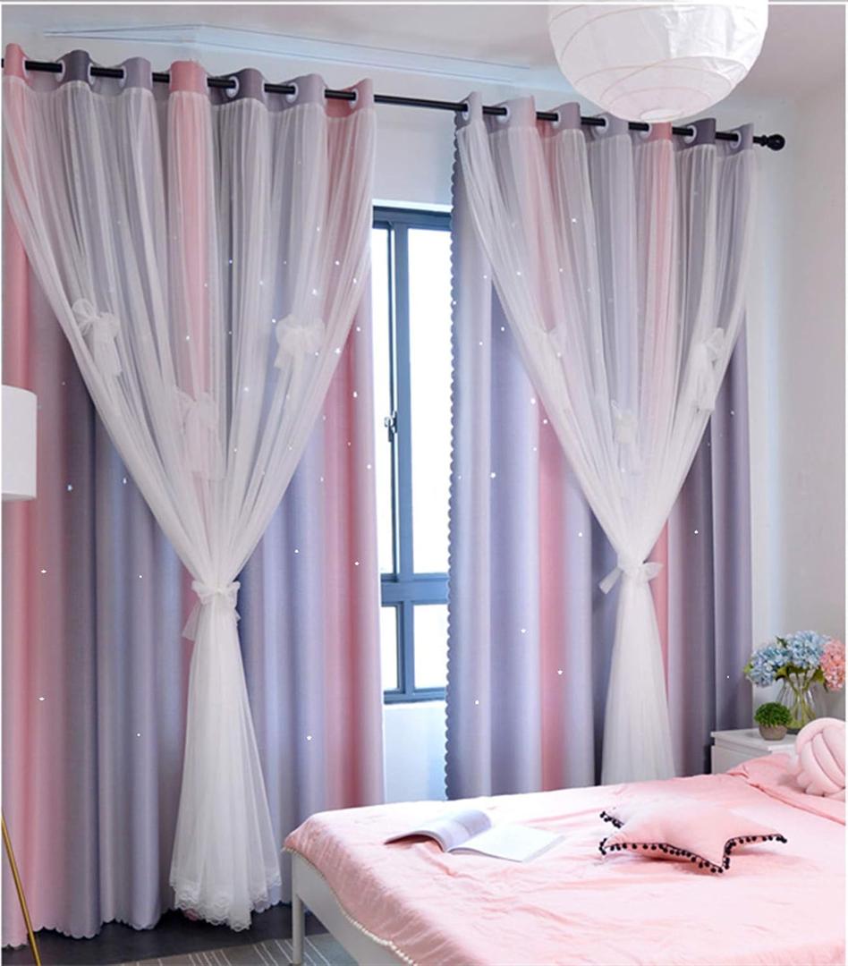 Yancorp Curtains for Girls Bedroom Kids Room Curtain Colorful Window Nursery Curtain 84 inches Length Room Darkening Grommet 2 Layers (Pink Grey, W52 X L84)