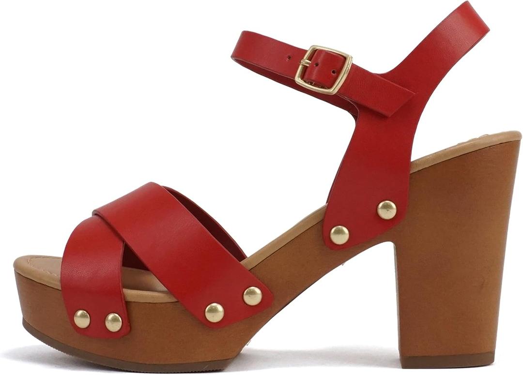 Soda MIGUEL ~ Women Crisscross Band Fashion Chunky Platform Block Mid Heel Sandal with Ankle Strap and Stud Size 