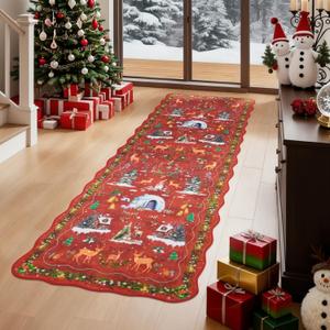 New Christmas Running Carpet Green Red Scalloped Runners for Hallway, Indoor Non-Slip Washable Bathroom Entrance Holiday Winter Tree Soft Floor for Bedside Home Decoration (Red 3, 60 * 200CM)