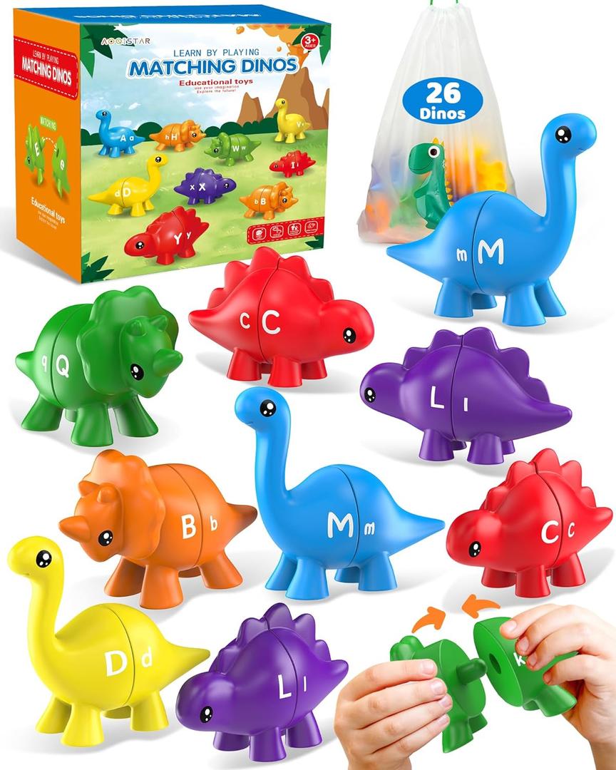26PCS Dinosaur Alphabet Learning Toys for Toddlers Kids 3-5, Montessori Educational Toys Gifts for 3 4 5 Year Old Boy Girl, Preschool Learning Activities, Double Sided ABC Matching Game