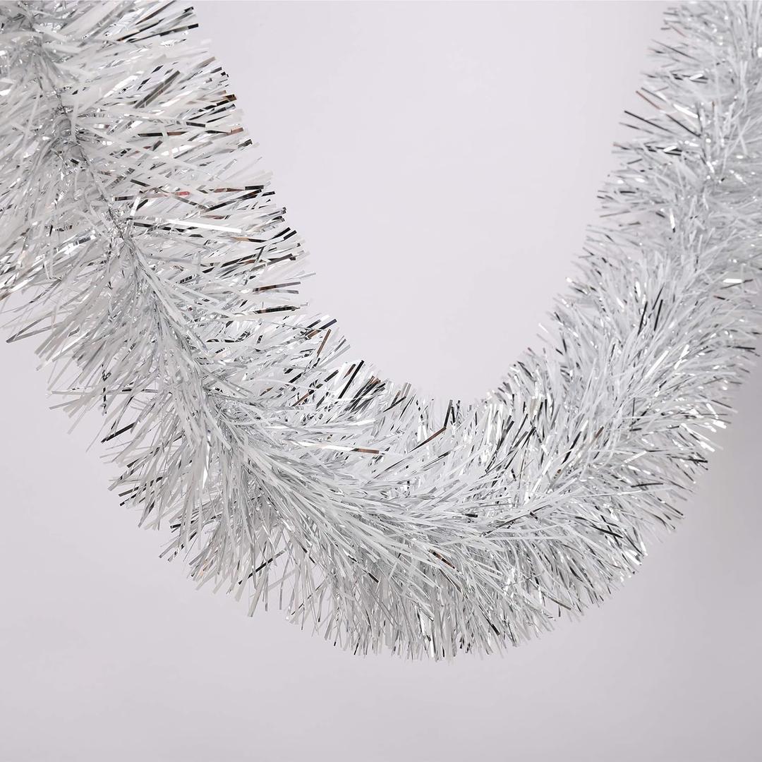 25 ft Long Roll Silver & White Tinsel Twist Garland, Shiny Metallic Foil Decorations for Halloween, Parade Floats, Christmas Eve, New Year Parties (4" x 25' Roll, Silver & White)