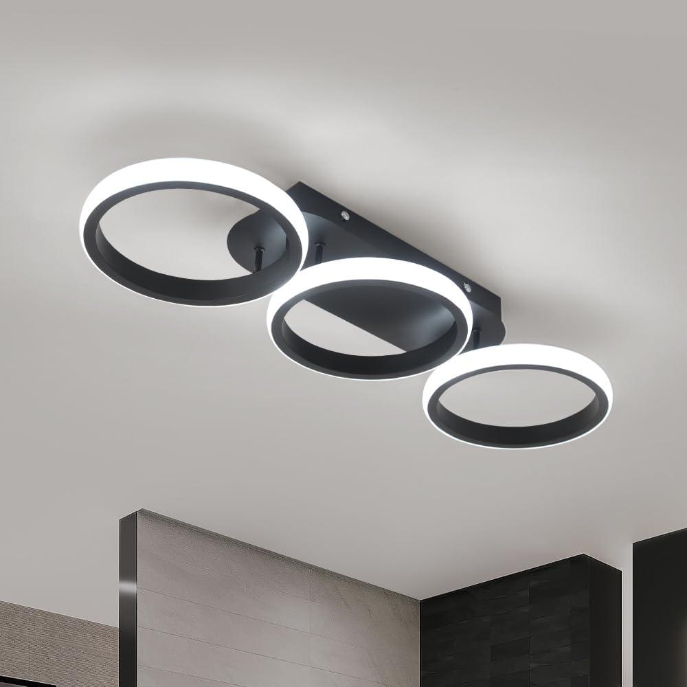 Modern LED Ceiling Light, 3-Round Rings Flush Mount, 30W 6000K Cool White, Bedroom Living Room Kitchen Office Lighting (Black)