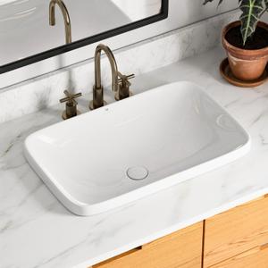 24"W x 15"D Drop In Bathroom Sink, Los Flexi Rectangular Semi Recessed Bathroom Sink with Pop-Up Drain, White Ceramic Above Counter Basin without Overflow, Large Vessel Sinks for Countertops
