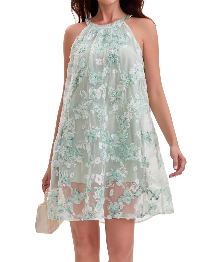 Women's Halter Butterfly Embroidered Tulle Mini Dress A-Line Swing Floral Fairycore Party Wedding Guest Dress (Green, XL)