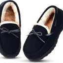 Vonair Kids Moccasin Slippers Memory Foam House Shoes Indoor Outdoor Rubber Bottom Slippers for Boys Girls (Black)