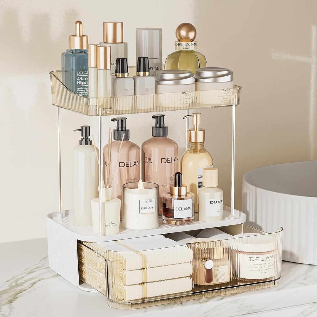 Delamu 3-Tier Bathroom Counter Organizer with Drawer, Multi-Purpose Makeup Organizer Countertop for Vanity, Large Cosmetic Display Case Perfume Tray Skincare Organizers, Amber (12.5" x 7.7" x 13")