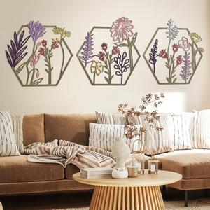 Peryiter 3 Pcs Metal Flower Wall Decor Minimalist Floral Wall Hanging Decor Meta Flower Art Floral Decor for Living Room Bathroom Kitchen Indoor Outdoor(Colorful)