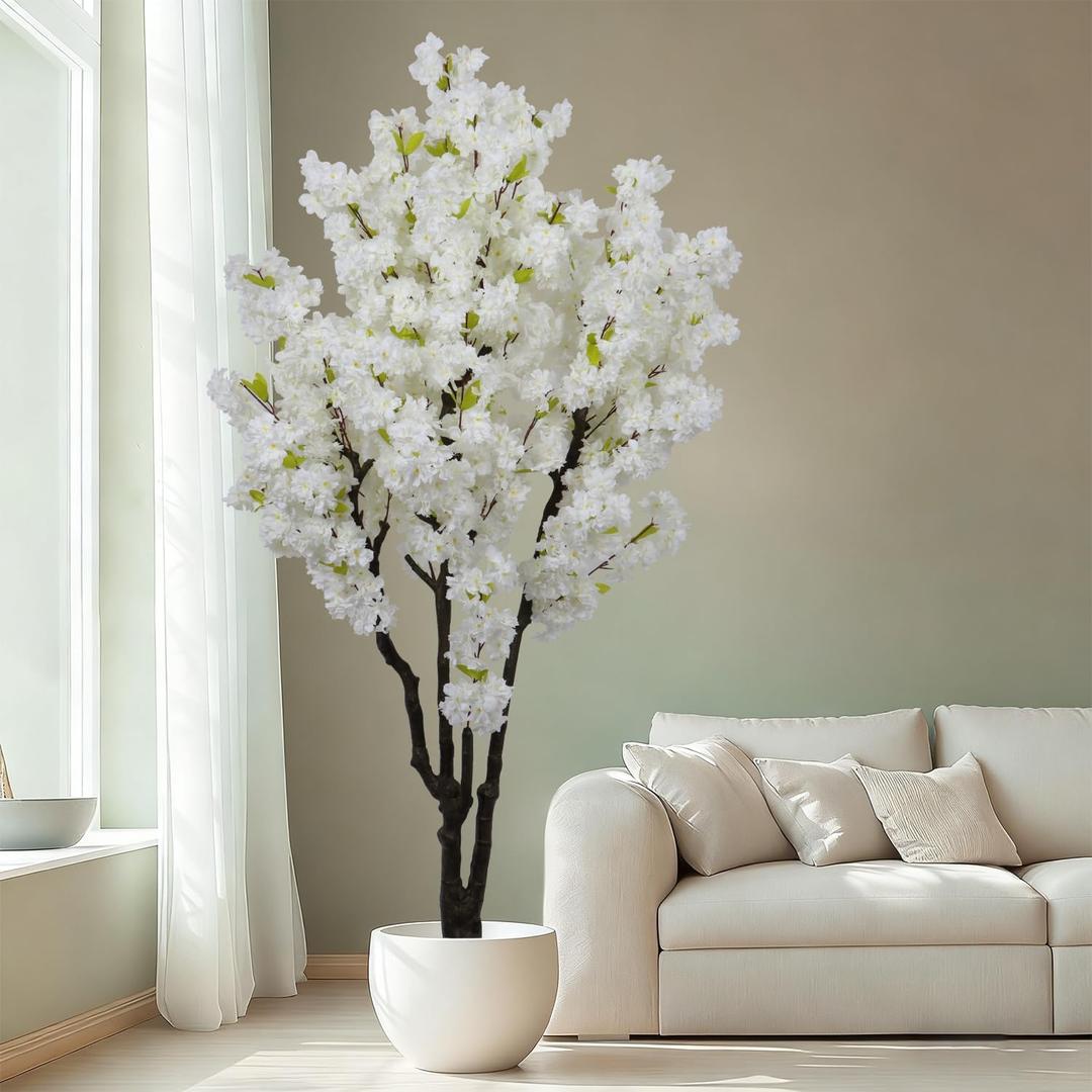 6ft Tall Cherry Blossom Artificial Tree, Handmade White Cherry Tree, Fake Flower Faux Silk Leaves Plant, Artificial Plants for Home Office Indoor Outdoor Party Wedding Christmas Decor