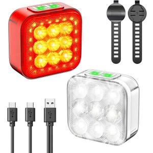 Bike Lights Front and Back Rechargeable USB-C, Waterproof Bike Headlight and Tail Light Set, 6x6 Modes, 60 Hrs Runtime, White + Red
