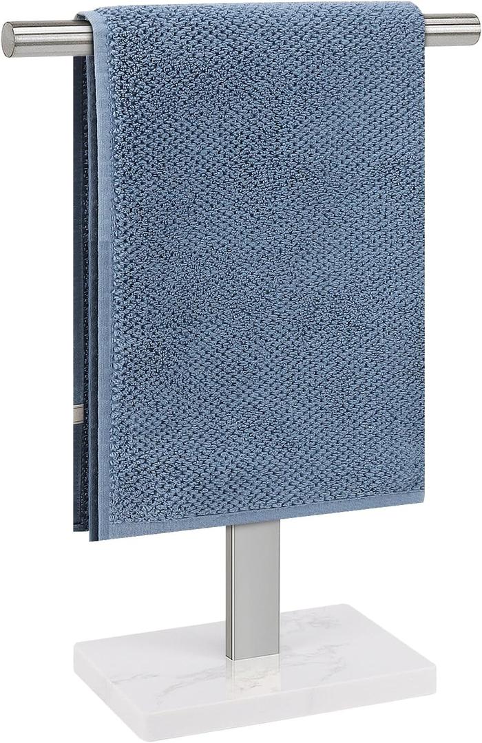 Hand Towel Holder, T-Shape Hand Towel Stand for Bathroom, Hand Towel Rack Bar Standing for Vanity Kitchen Countertop, 304 Stainless Steel (Marble Base, Brushed)