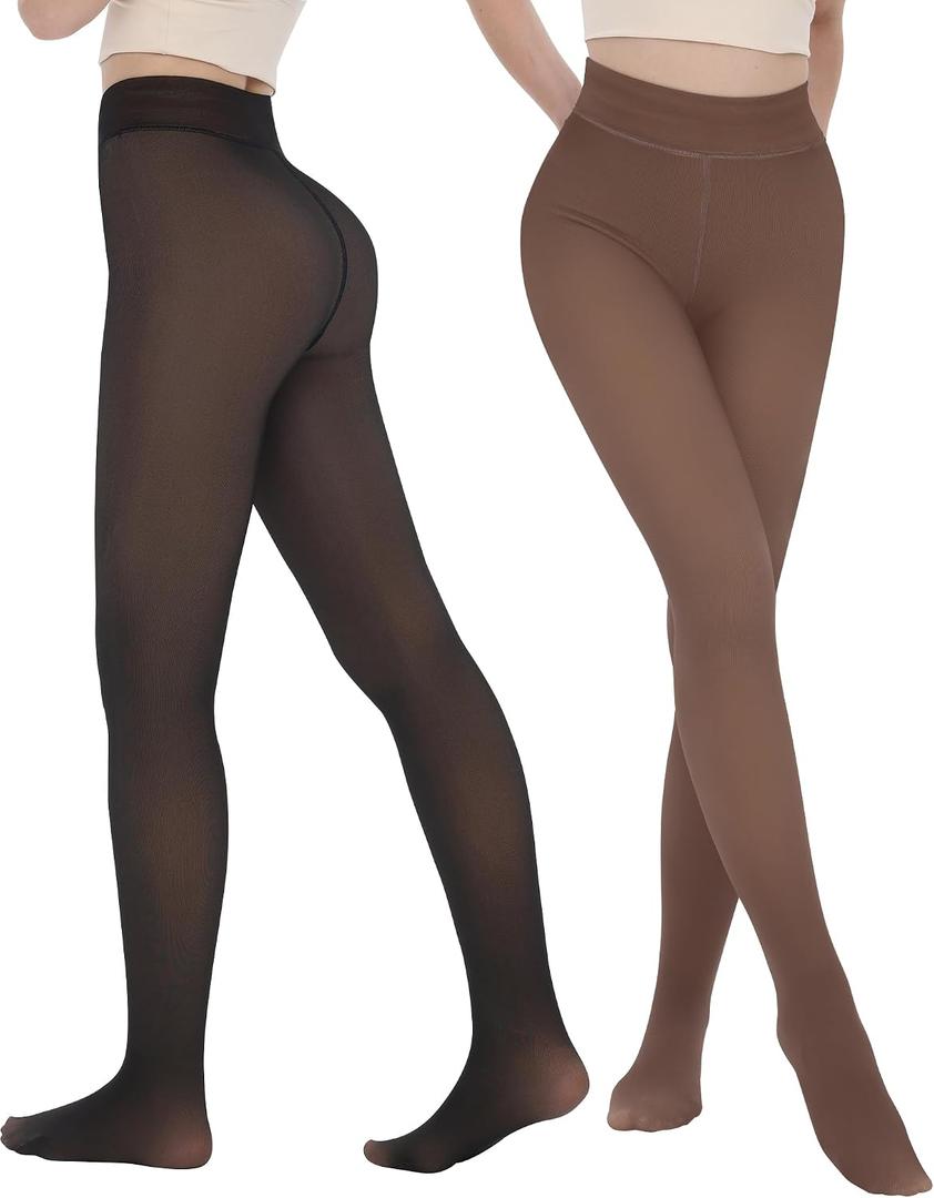 iceROSE 2 Pairs Fleece Lined Thermal Tights for Women Sheer Black Pantyhose Warm Winter Thick Fake Translucent Leggings L/XL