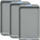 Pyrex 3-Piece Metal Cookie Sheet Bakeware Set, Lightweight Stainless Steel Baking Trays with Heatsafe Silicone Handles, Cookie Sheet Baking Pan, Cerulean