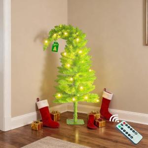 3FT Christmas Tree with Lights, 40 Led Battery Operated Powerd Bendable Mini Whimsical Lime Green Light Up Remote Contral Timer Curved Unique Artificial Xmas Decorations Small Fake Pine Tree Decor