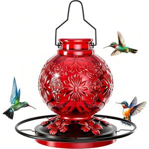 Glass Hummingbird Feeder for Outdoors, 24Oz Decorative Hanging Hummingbird Nectar Feeder, Leak Proof Durable Wild Bird Feeders, Hummingbird Gifts for Women & Mom, Garden Decor Window Feeder, Red