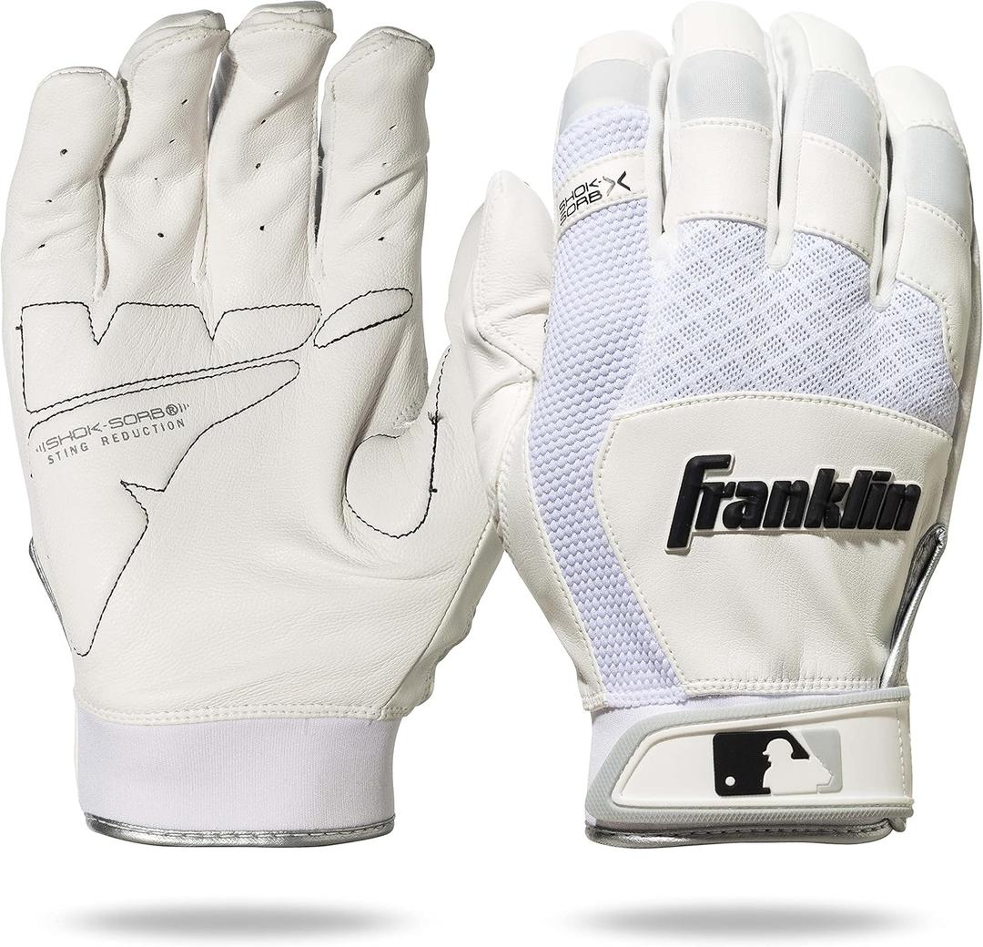 Franklin Sports MLB Baseball Batting Gloves - Shok-Sorb X Batting Gloves for Baseball + Softball - Adult + Youth Padded Non-Sting Batting Glove Pairs - Multiple Colors + Sizes (White/White)