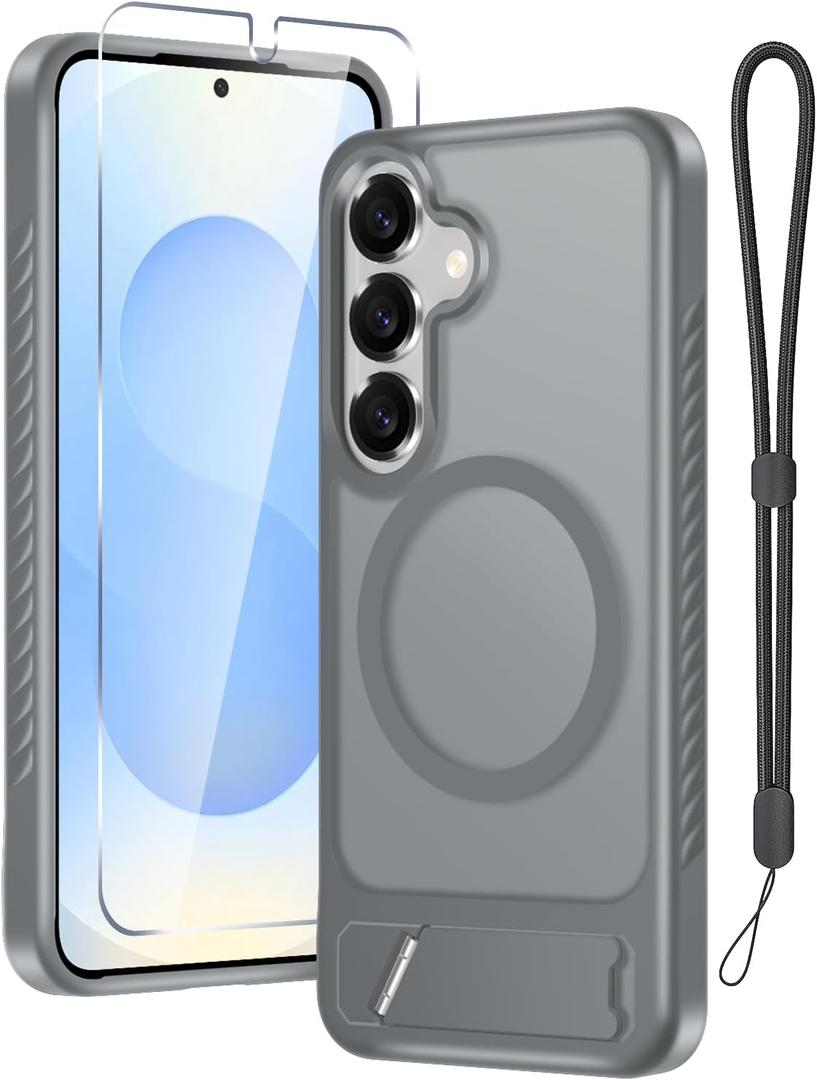 for Samsung Galaxy S25 Case with Screen Protector+Lanyard Wrist Strap,Magnetic Translucent Matte Rugged Slim Phone Cover Built in Invisible Kickstand [Fit for MagSafe],2025 Grey