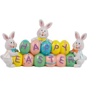 DR.DUDU Easter Decorations Eggs Bunny, HandPainted Resin Tabletop Centerpiece, Decor Bunny Figurine for Home Room Table Office Party (Happy Easter)