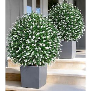 HyeFlora 26'' Artificial Boxwood Topiary Trees with Lavender 2 Pack Fake Plants for Outdoor Indoor Artificial Shrubs with Metal Ground Spike UV Resistant Fake Bushes for Front Porch Garden, White