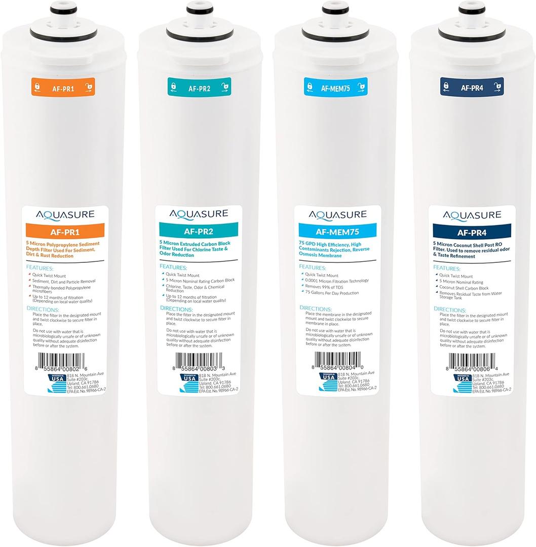 Aquasure Premier Series Complete 4-Stage Quick Twist Filter Replacement Cartridge Bundle Set AF-CP75 | Compatible with AS-PR75 4-Stage Under Sink Reverse Osmosis RO Water Filtration System