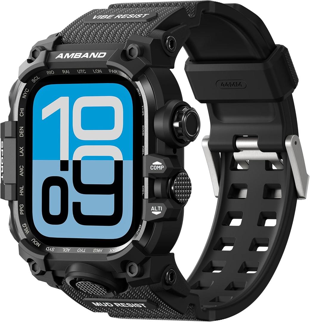 AmBand Rugged Case with Band for Apple Watch 44mm, Compatible with iWatch Series SE 3/SE 2nd Generation/SE/6/5/4, Military Grade Shockproof Bumper Cover, Tactical Band for Men, Matte Black