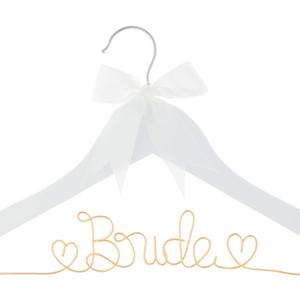 Bride to Be Wedding Dress Hanger Wooden and Wire Hangers for Brides Gowns, Dresses (White with Light Gold and Bow)