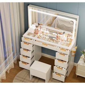 Pamapic Glass Top Vanity Desk with Mirror and Lights, 11 Drawers Makeup Vanity with Charging Station and Chair, Golden Handles Dressing Table, 3 Lighting Modes Makeup Table, White