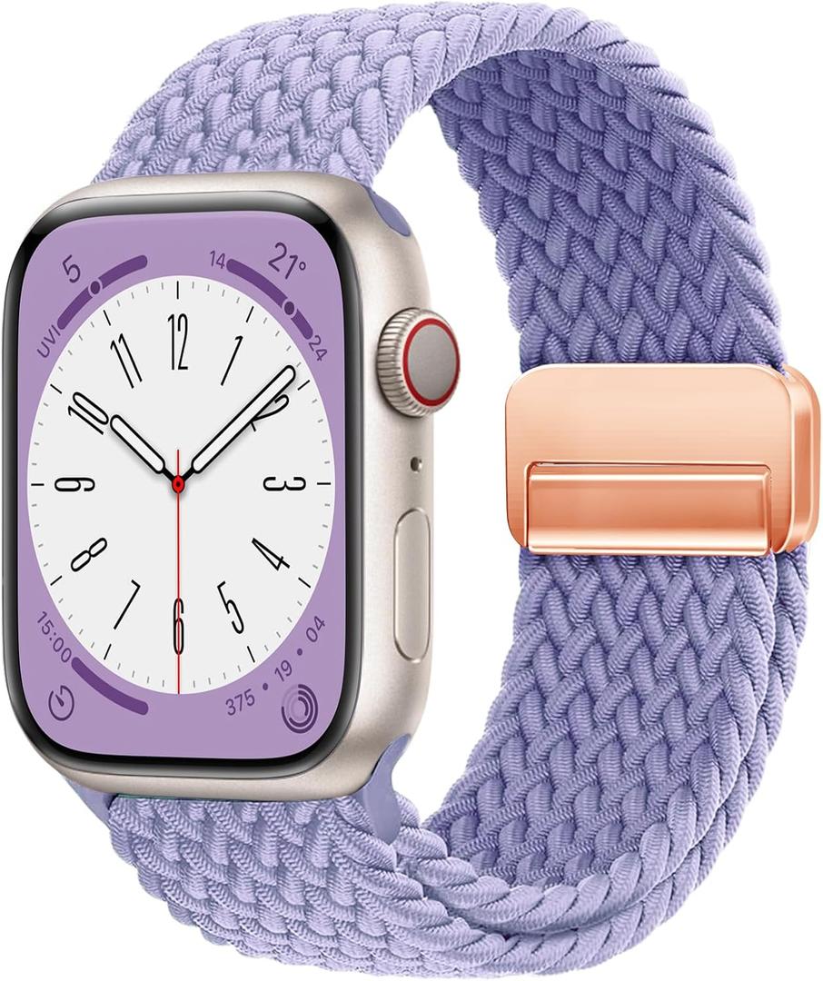 Magnetic Braided Loop Band Compatible with Apple Watch Series 11 10 46mm 9 8 7 6 5 4 42mm 44mm 45mm 49mm for Women Men, Stretchy Nylon Elastic Sport Strap for iWatch SE/Ultra 1/2/3, B-Lavender