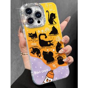 Toycamp for iPhone 14 Pro Case - Aesthetic Cute Paint Black Cats 14 Pro Phone Case with Diamond Bling Lens Protector Laser Glitter Holographic Y2K i Phone 14 Pro Cover for Women Girly, 2 Pack