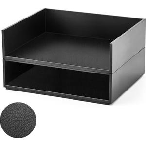 Yeaqee 2 Pcs Wooden Leather Stackable Letter Trays 13 x 10.6inch Luxurious Surface Desk Letter Tray Heavy Paper Inbox Mail Organizer for Office Document Magazine Folder Desktop Accessories(Black)