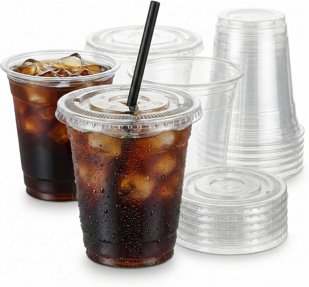 100 Pack - 10 oz Clear Plastic Cups with Lids and Straws,Sturdy Food Safe Plastic Iced Coffee cups for cold water,iced coffee,smoothies,milkshakes,icecream cold drinks to go (10, Fluid Ounces)