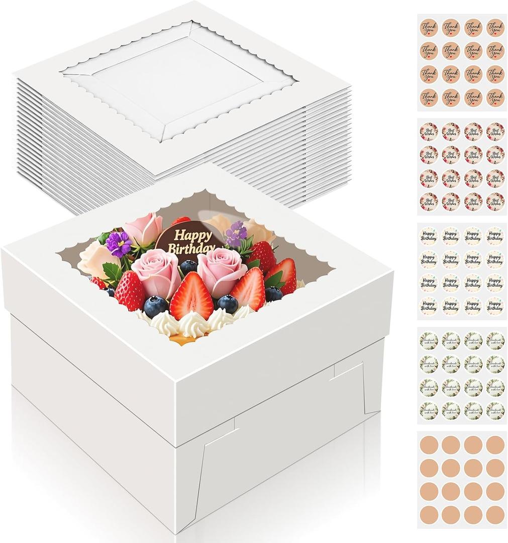 Essenya 15 PCS Cake Boxes 8 Inch, 8x8x5 Inch Cake Box, 8 Inch Cake Box with Window, White Bakery Boxes, Large Baking Boxes, Cajas Para Pasteles, 8x8 Cake Boxes for Birthday, Wedding, Party, Business