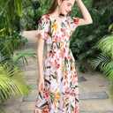Gardenwed Chiffon Floral Dresses Summer Sun Beach Dresses for Women with Elastic Waist (White, XXXL)