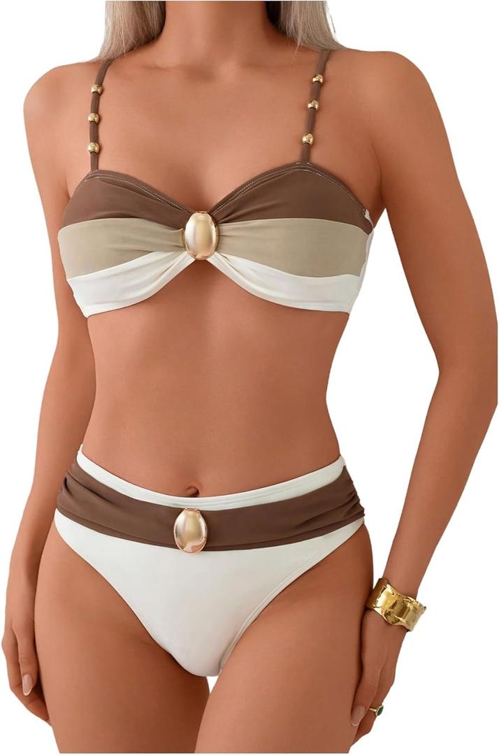 SweatyRocks Women's Bikini Sets Patchwork Metal Beaded Decor High Waisted Bathing Suits (L)