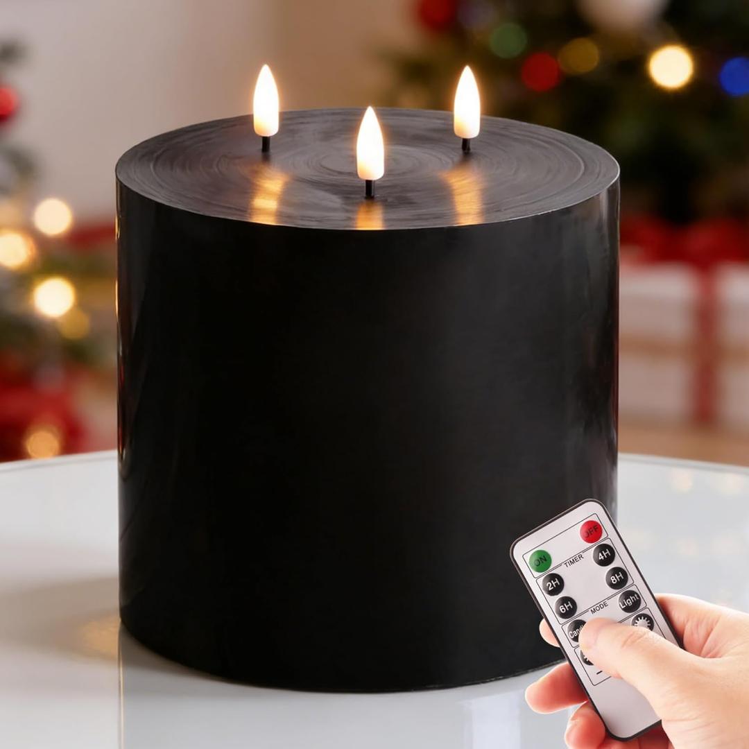 Eywamage 3 Wick Black Flameless Pillar Candle with Remote, Flickering Large Battery LED Wax Candle 6" H 6"