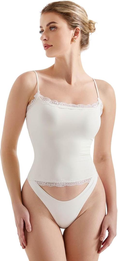 SUUKSESS Women Lace Double Lined Camisole Top Spaghetti Strap Going Out Tank Top (X-Large, White Beige)
